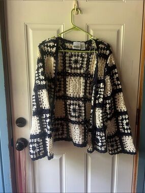 Collections Etc. Crochet Navy  & Cream Granny Square Open-Front Cardigan